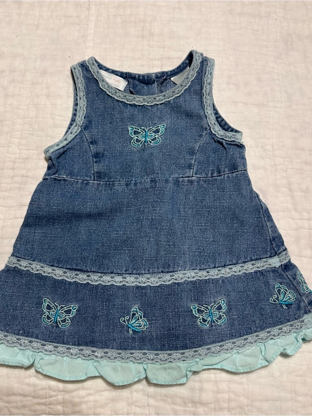 Vintage Denim Butterfly Embroidered Tank Dress - Blue